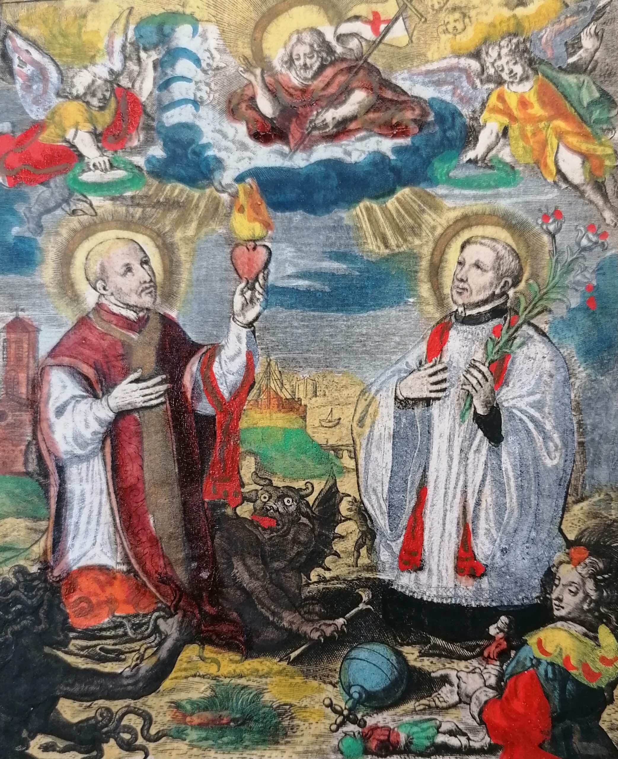 Ignatius Van Loyola en Franciscus  Xaverius gekleurde gravure gesingneerd door P. De Mallery. Antwerpen, Ruusbroecgenootschap, Heiligen, Ignatius Van Loyola, nr VII