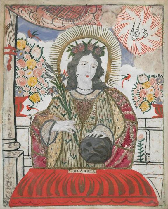 Beklede figuur en onderschrift afkomstig van een niet geidentificeerde (Antwerpse devotieprent). Antwerpen, Ruusbroecgenootschap, Beklede devotieprent, nr 9.